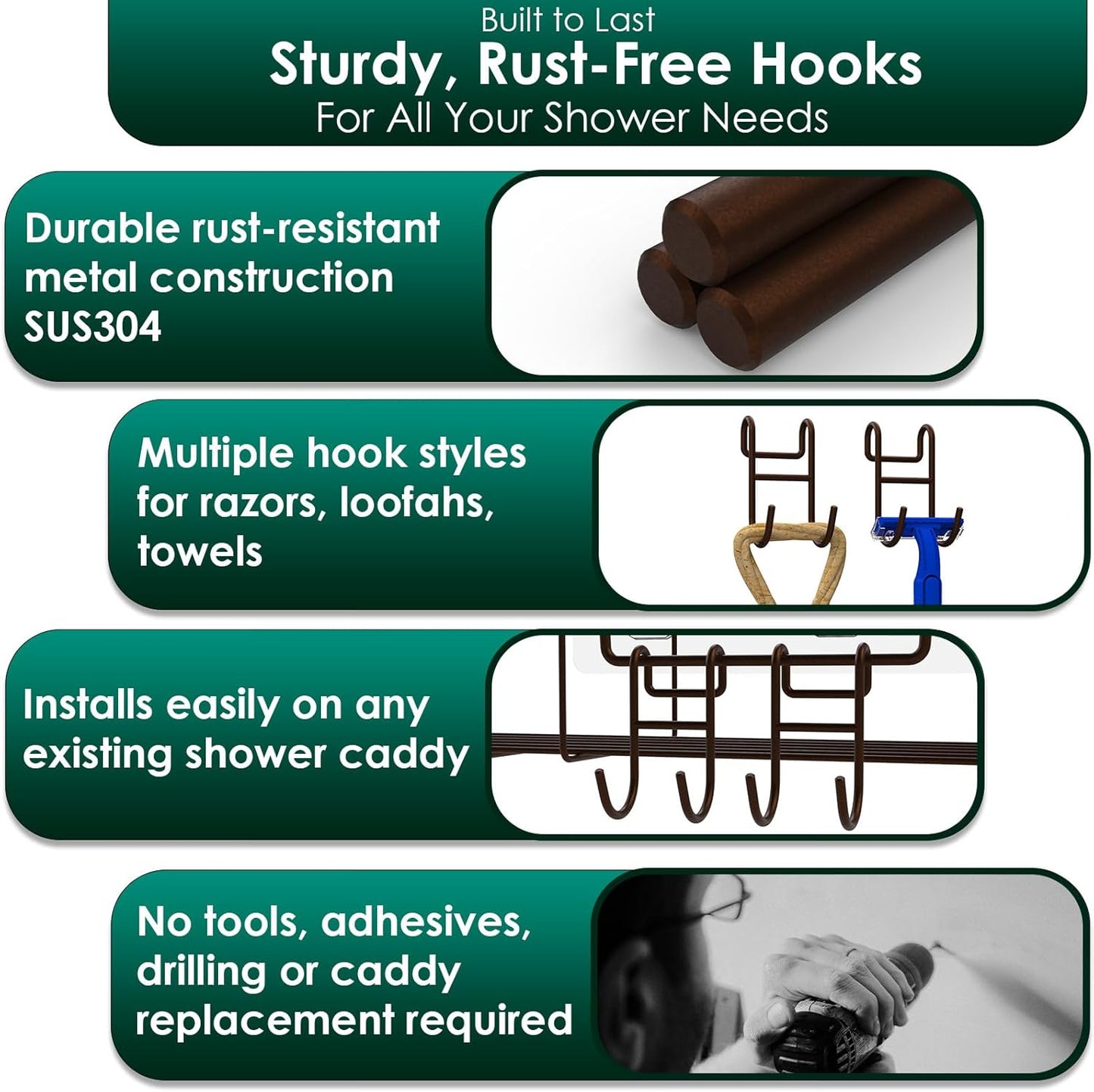 Bronze Shower Caddy - 4 Pack Open Shelf Hooks for Loofah, Razor, Shower Accessories