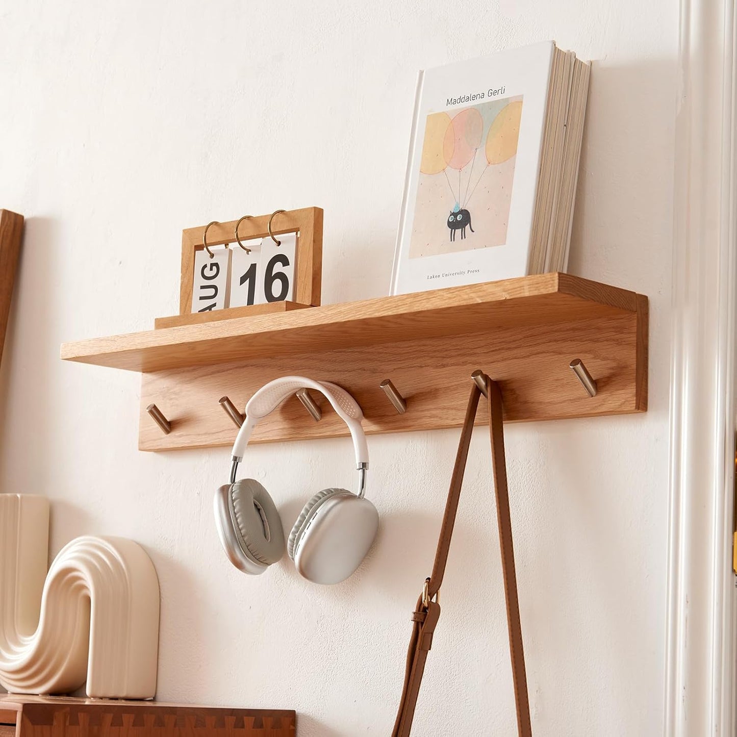 Oak Wood Coat Rack Wall Mount With Shelf 27.5 Inch Long, Entryway Floating Shelf With 6 Hooks for Bathroom, Hallway, Living Room