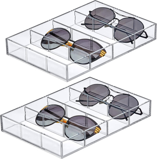 Amazing Abby - Soleil - 2-Pack Acrylic 4-Compartment Sunglass Organizer, Plastic Eyeglass Display Case, Transparent Jewelry Storage Tray, Clear Beauty Supply Holder, Great for Bedroom and Bathroom