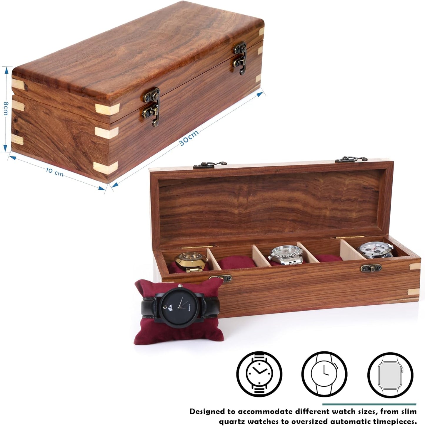 Wooden Watch Box for Men & Women, Watch Organizer & Display Case, Premium Long-Lasting Watch Holder for Storage, Elegant Gift for Watch Collectors (Wood Top, 5 Slots)