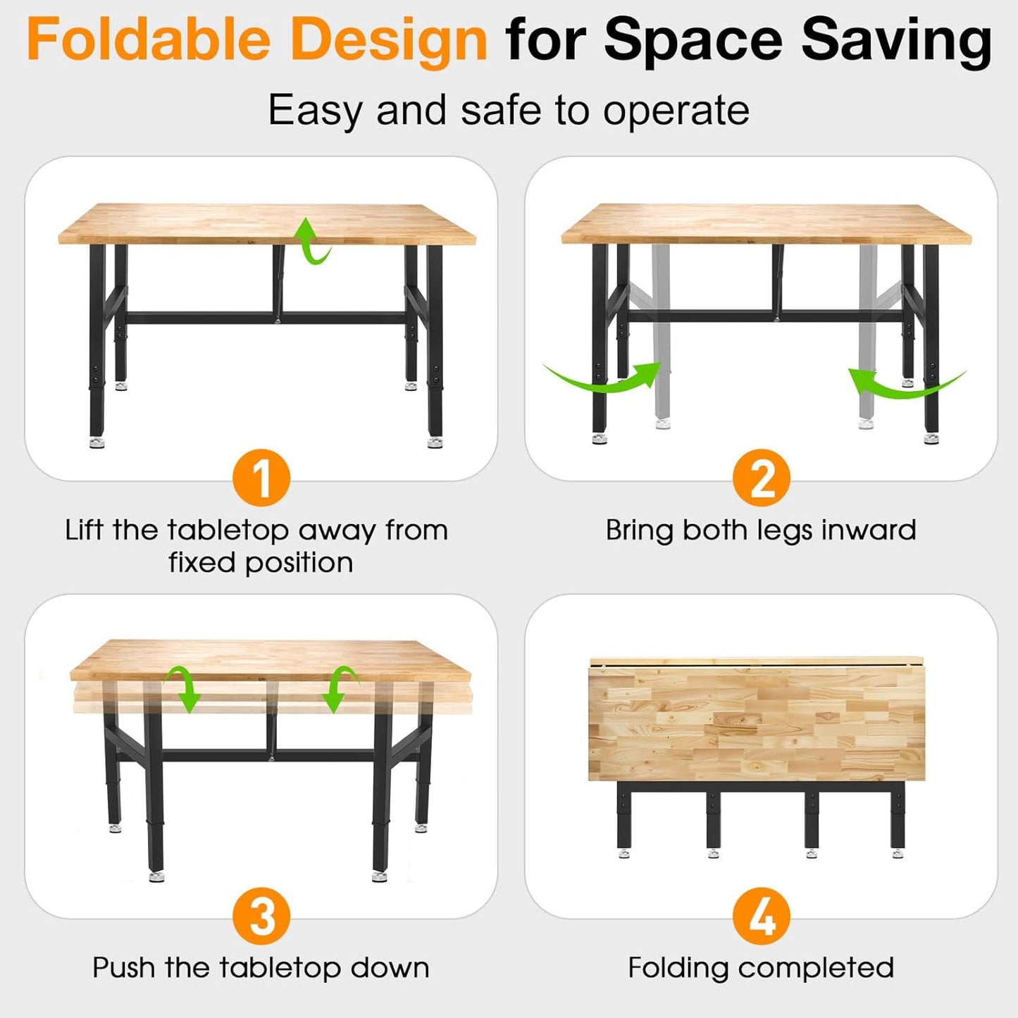 48”Folding Workbench, 2000 LBS Capacity Heavy Duty Workbench, Height Adjustable Foldable Work Table, Rubberwood Collapsible Desk for Workshop, Garage, Office, Home
