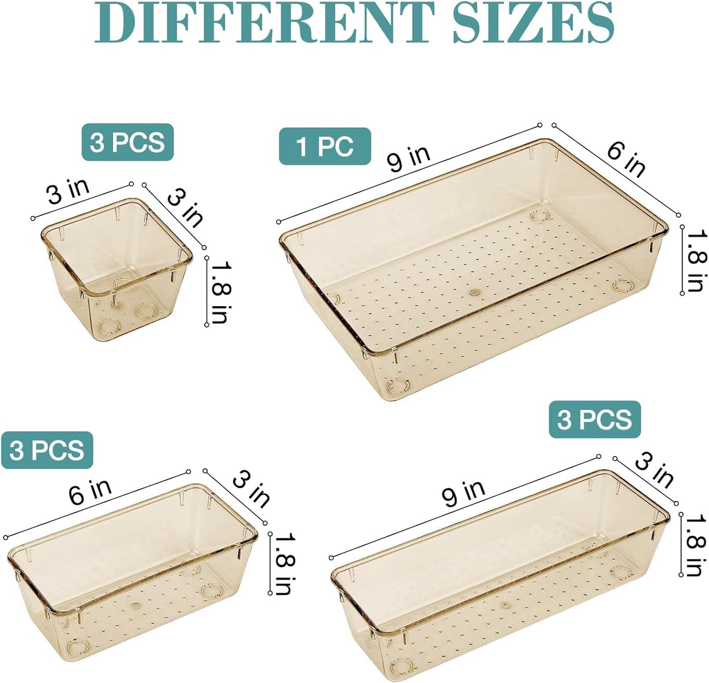 10 PCS Drawer Organizer Set, 5 Varied Size Bathroom and kitchen Drawer cabinet organizer Trays, Clear Storage Bins for Makeup, Jewelry, Utensils and Gadgets, Champagne