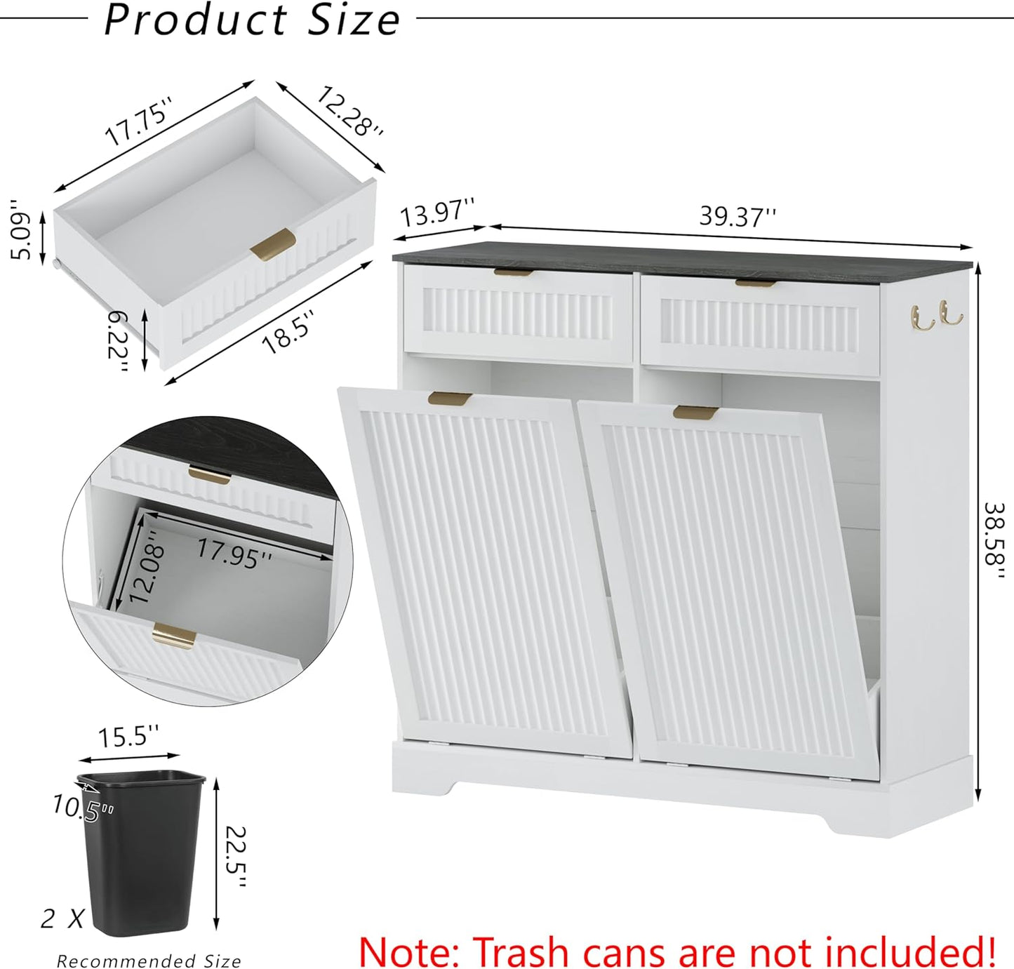 2x13 Gallons Double Tilt Out Trash Can Cabinet, Wooden Fluted Trash Garbage Can Cabinet with 2 Drawers, Hidden Laundry Hamper with Hooks for Kitchen Living Room, White