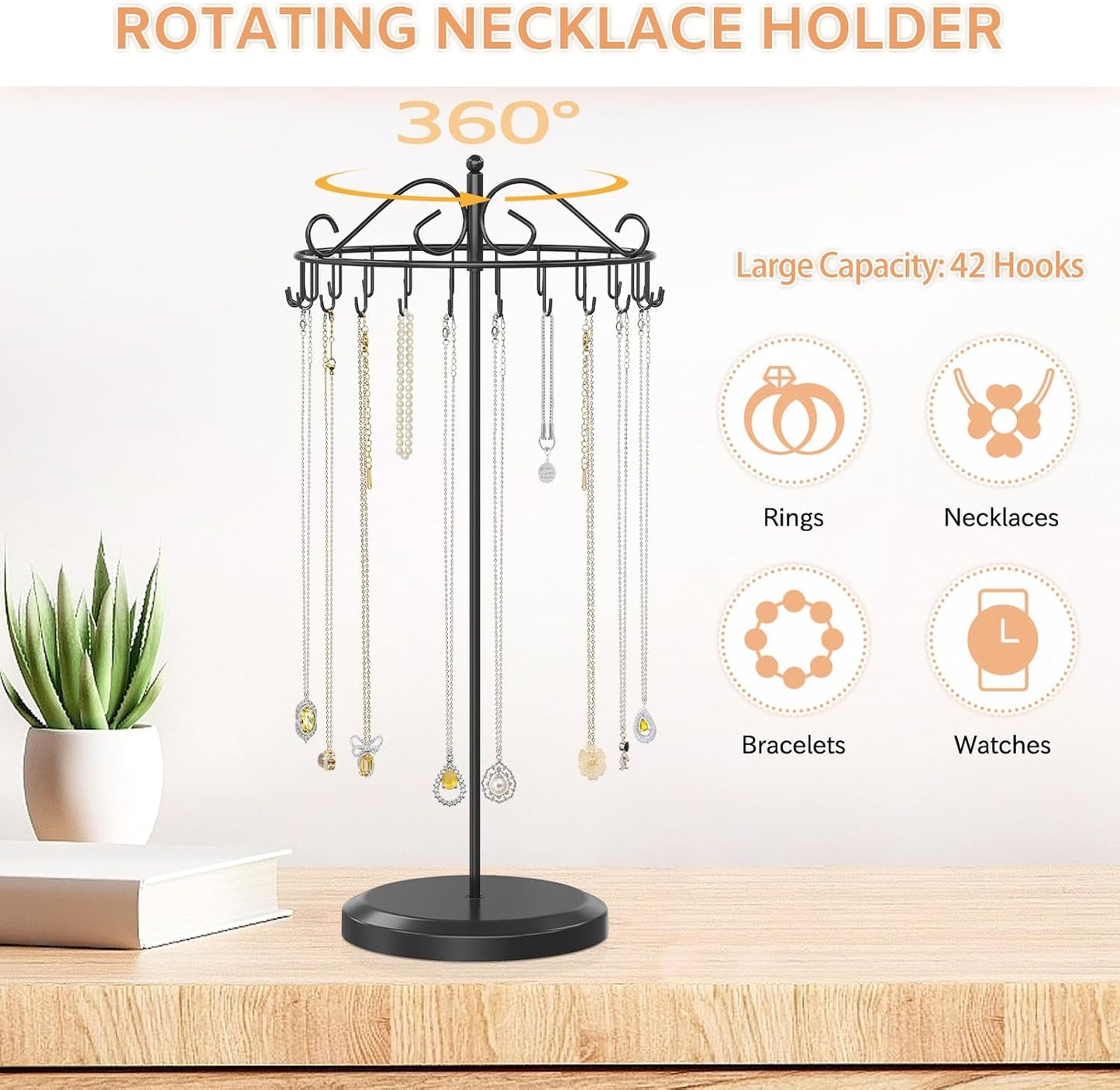 iDavosic.ly Rotating Necklace Holder Organizer with 24 Hooks, Adjustable Metal Bracelet Display Stand Rack, Extra Tall Keychain Spinning Tree Tower for Women, Black