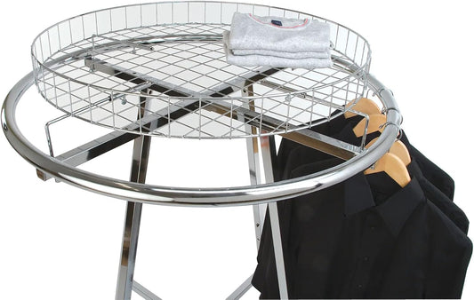 Econoco Folding Round Garment Rack, Adjustable Height Retail Display, Chrome Finish (36" Rack with Grid Top Basket)