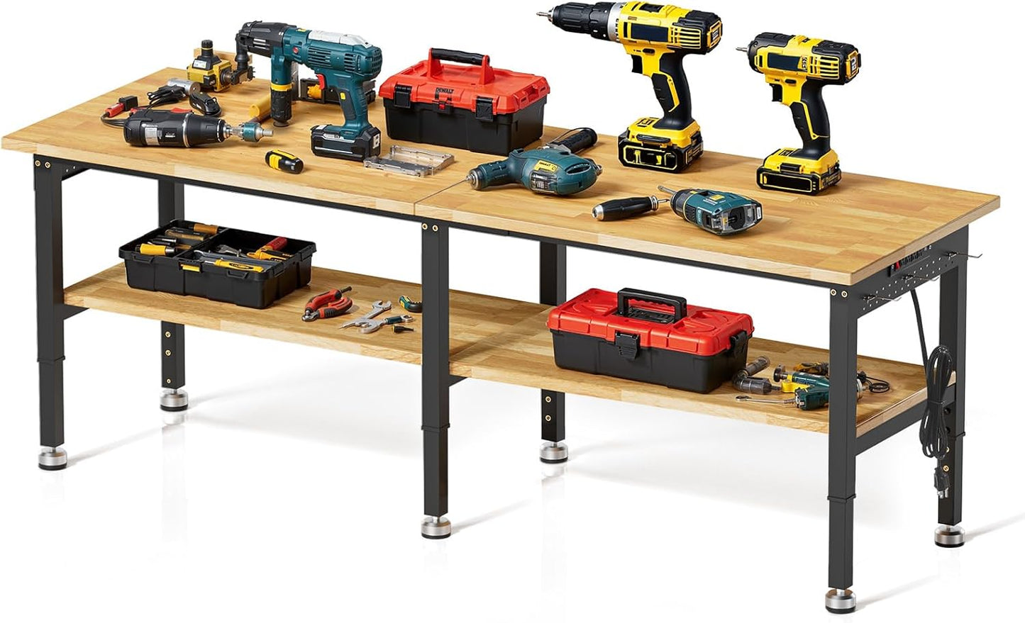 96” Adjustable Work Bench, 2-Layer Heavy Duty Workbench, 6000 LBS Capacity Workbench with Pegboard & Power Outlet, Rubber Wood Work Table for Garage, Office, Workshop, Home