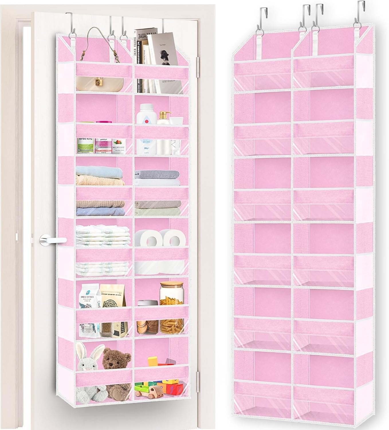 Over The Door Organizer 6 Tiers, Extra Large Behind Door Storage of 12 Compartments, 80 lbs Weight Capacity Hanging Storage Organizer with Clear Window Kids Toys,Shoes,Diapers,Room Storage,Pink