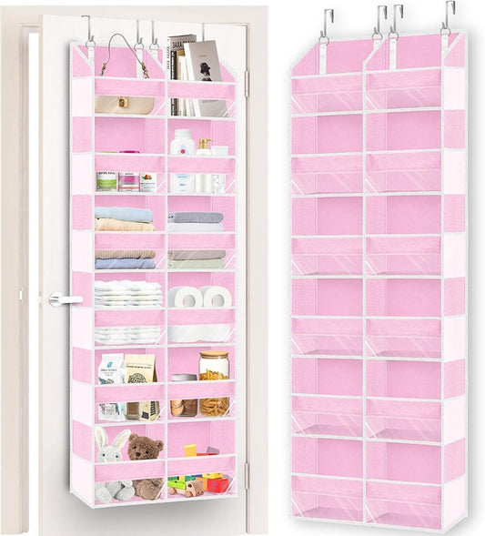 Over The Door Organizer 6 Tiers, Extra Large Behind Door Storage of 12 Compartments, 80 lbs Weight Capacity Hanging Storage Organizer with Clear Window Kids Toys,Shoes,Diapers,Room Storage,Pink