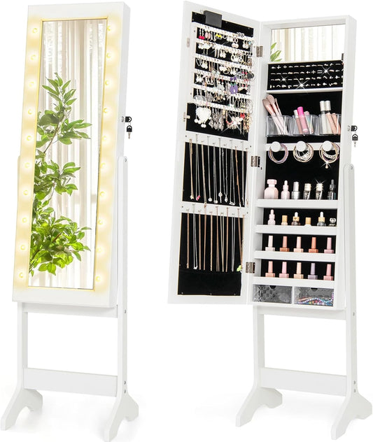Giantex Standing Jewelry Armoire with Lighted Full Length Mirror, Lockable Jewelry Cabinet Organizer with 20 LED Lights, Adjustable Tilt, Large Storage for Earrings, Rings, Necklaces, White