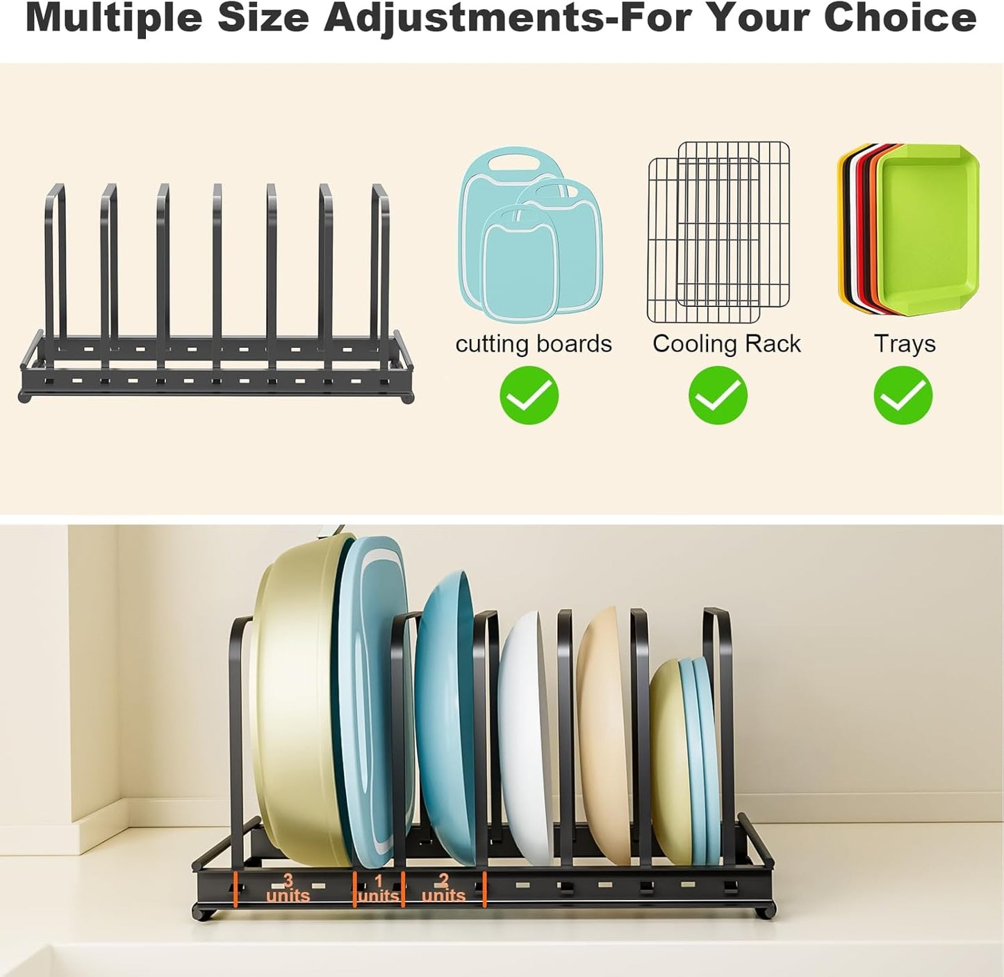 Cutting Board Organizer Rack, 2-Pack Adjustable Bakeware Organizer Holder for Cabinet Countertop, 7 Slots Metal Rack Cookie Baking Sheet, Pot Pan Lids Divider Kitchen Organization Storage, Black