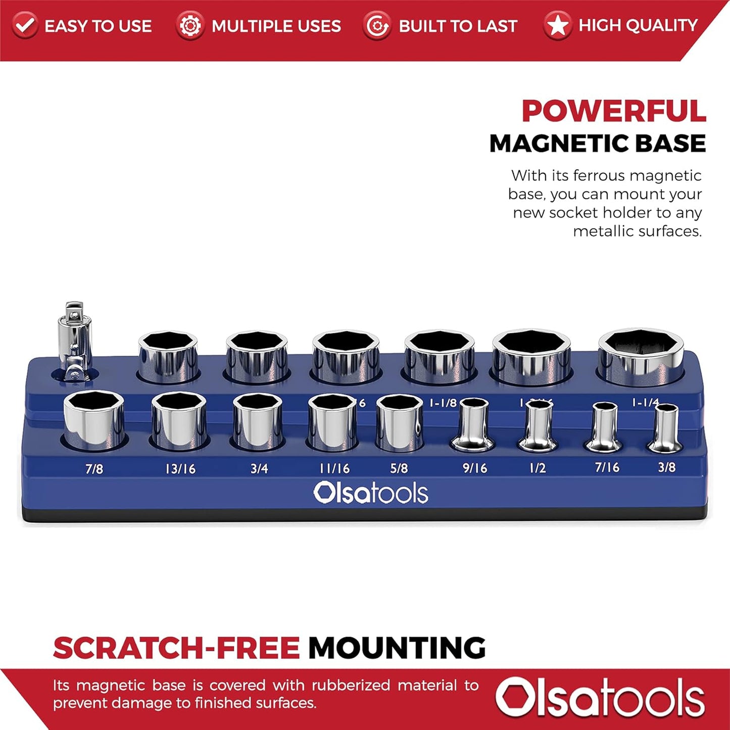 Olsa Tools Magnetic Socket Organizer | 1/2-inch Drive | SAE | Blue | Holds 16 Sockets | Professional Quality Tools Organizer