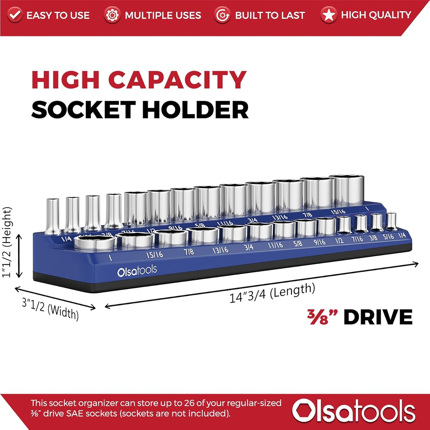 Olsa Tools Magnetic Socket Organizer | 3/8-inch Drive | SAE Blue | Holds 26 Sockets | Professional Quality Tools Organizer