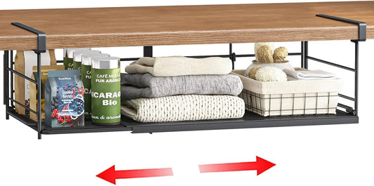 Expandable Under Cabinet Shelf, Extendable Under Shelf Storage with Removable Wire-Like Back for Pantry Cabinet, Laundry Room, Shoe Rack. (Black, 1 Pack, Interior: 5" H x 10" D)