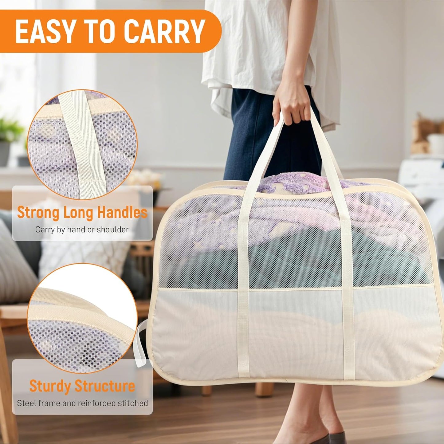 Collapsible Laundry Baskets with Easy Carry Handles, 95L Clothes Hamper for Storage, Foldable Laundry Basket Tear-proof, Large Pop Up Hampers for Laundry, Bedroom, Bathroom, Dorm Beige