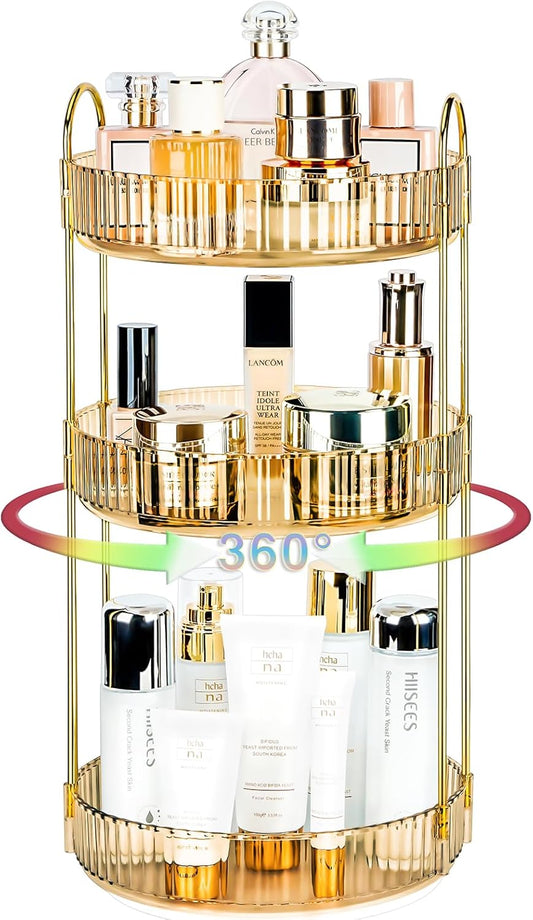 360 Rotating Makeup Organizer - Large Capacity Spinning Perfume & Cosmetic Skincare Holder for Vanity & Countertop (Vibrant Orange, 3 Tier)