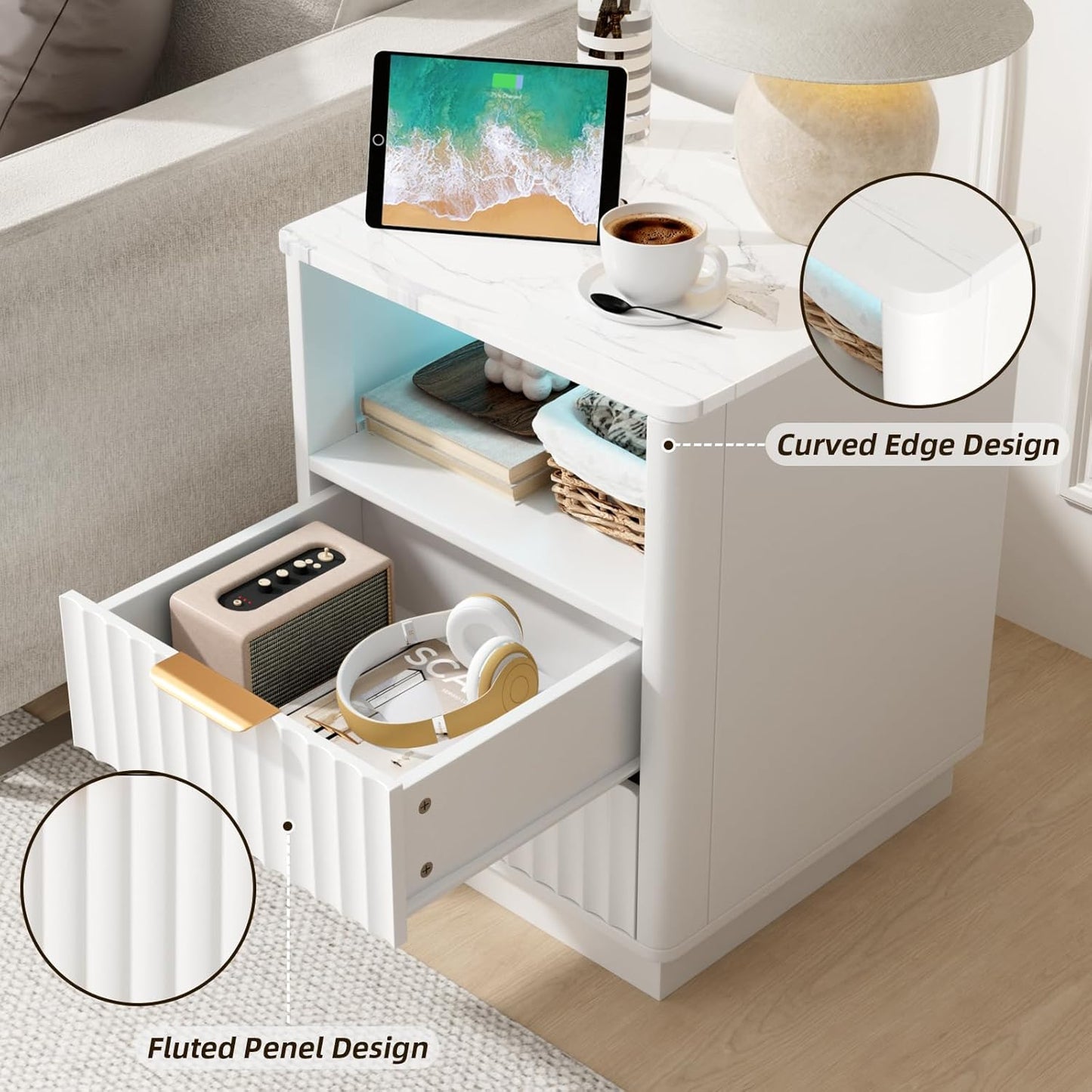 VOWNER Fluted Nightstand with Charging Station, 18” Night Stand with 2 Drawers, Faux Marble Top End Table with Storage Shelf, Curved Profile Side Table, Bedside Table for Bedroom Living Room, White