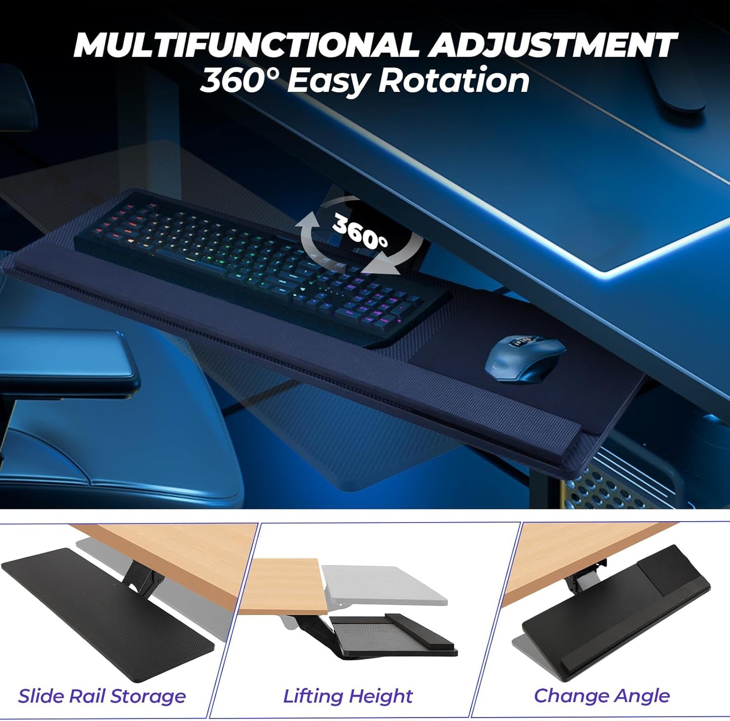 FAHKNS Keyboard Tray Under Desk，Multi-Function Keyboard Tray Adjustable with Mouse Pad & Wrist Rest，Ergonomic Large Size Keypad Tray Holder， Suitable for Office/Game/Home