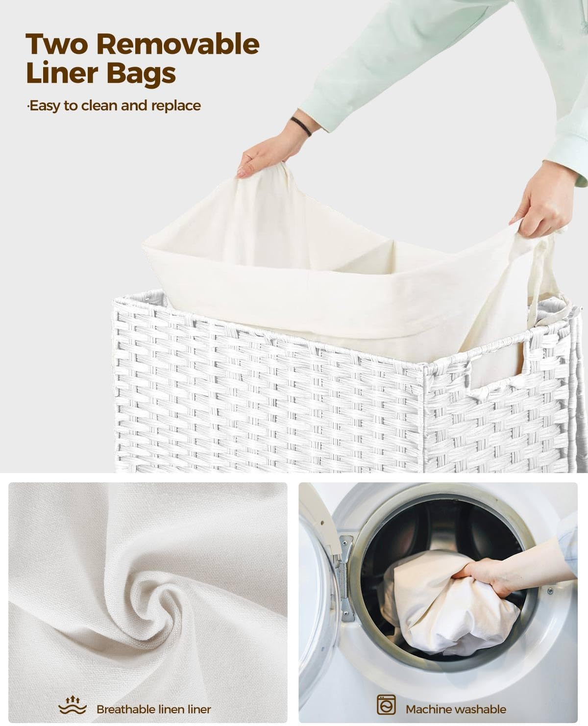 Greenstell Laundry Hamper with Wheels, No Install Needed, 110L Divided Handwoven Hampers & 2 Removable Liner Bags, Rattan Clothes Laundry Basket with Lid & Handles, Foldable Hampers White