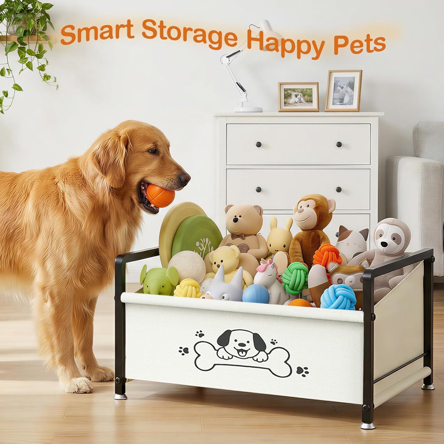 Dog Toy Basket, Toy Box for Dogs, Metal Frame Oxford Fabric Pet Storage Organizer for Living Room