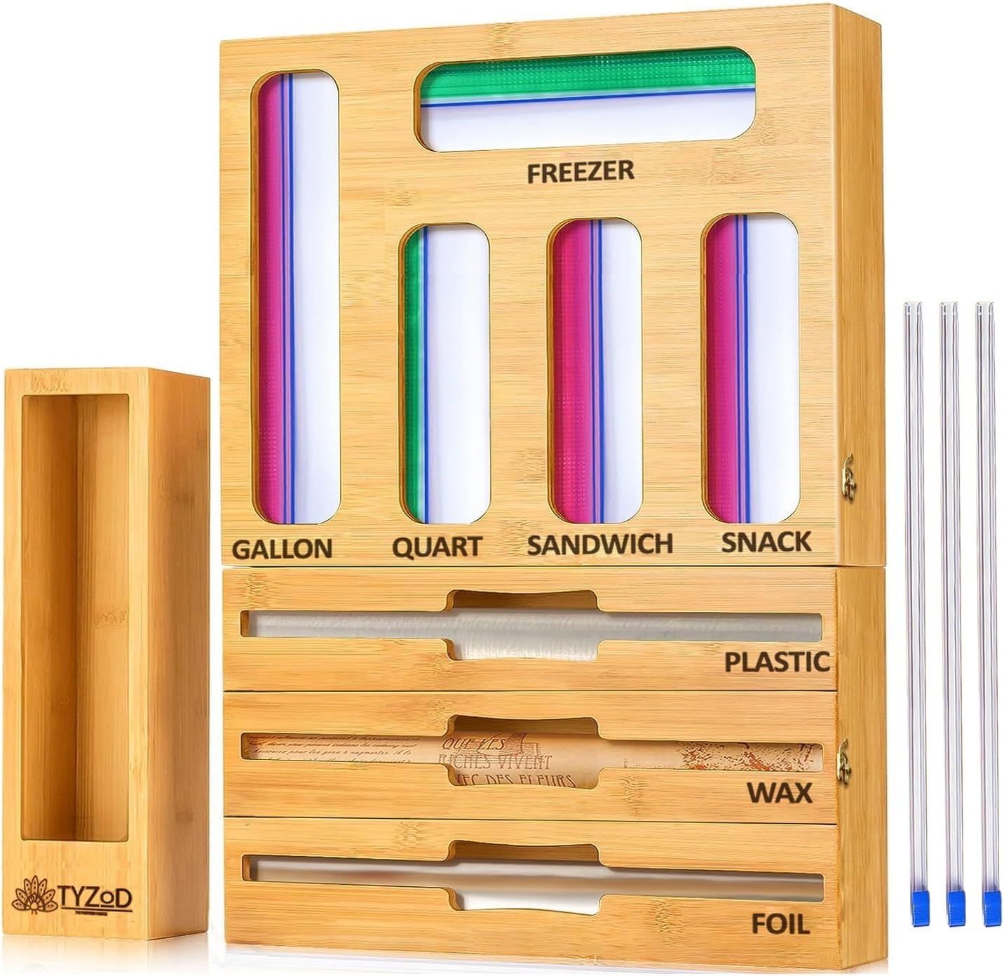 9-in-1 Bamboo Storage Bag Organizer with Cutter, Kitchen Drawer & Wall Mount Storage for Foil, Plastic Wrap, Gallon, Quart, Sandwich, Snack & Freezer Bags, Fits Rolls ≤12” Long, ≤2” Diameter