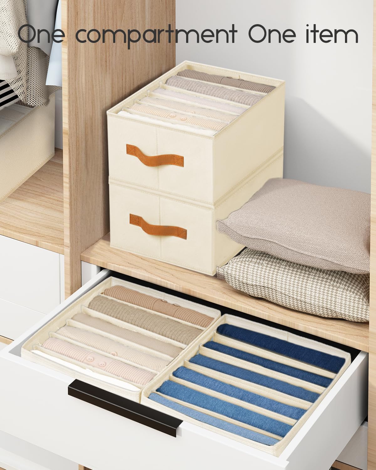 Closet Organizers and Storage - Fabric Clothes Organizer with Handles, Foldable Jeans Organizer for Clothes, Drawer Organizer for Shirts, Bra, Sweater, Scarf, 4 Pack, Beige