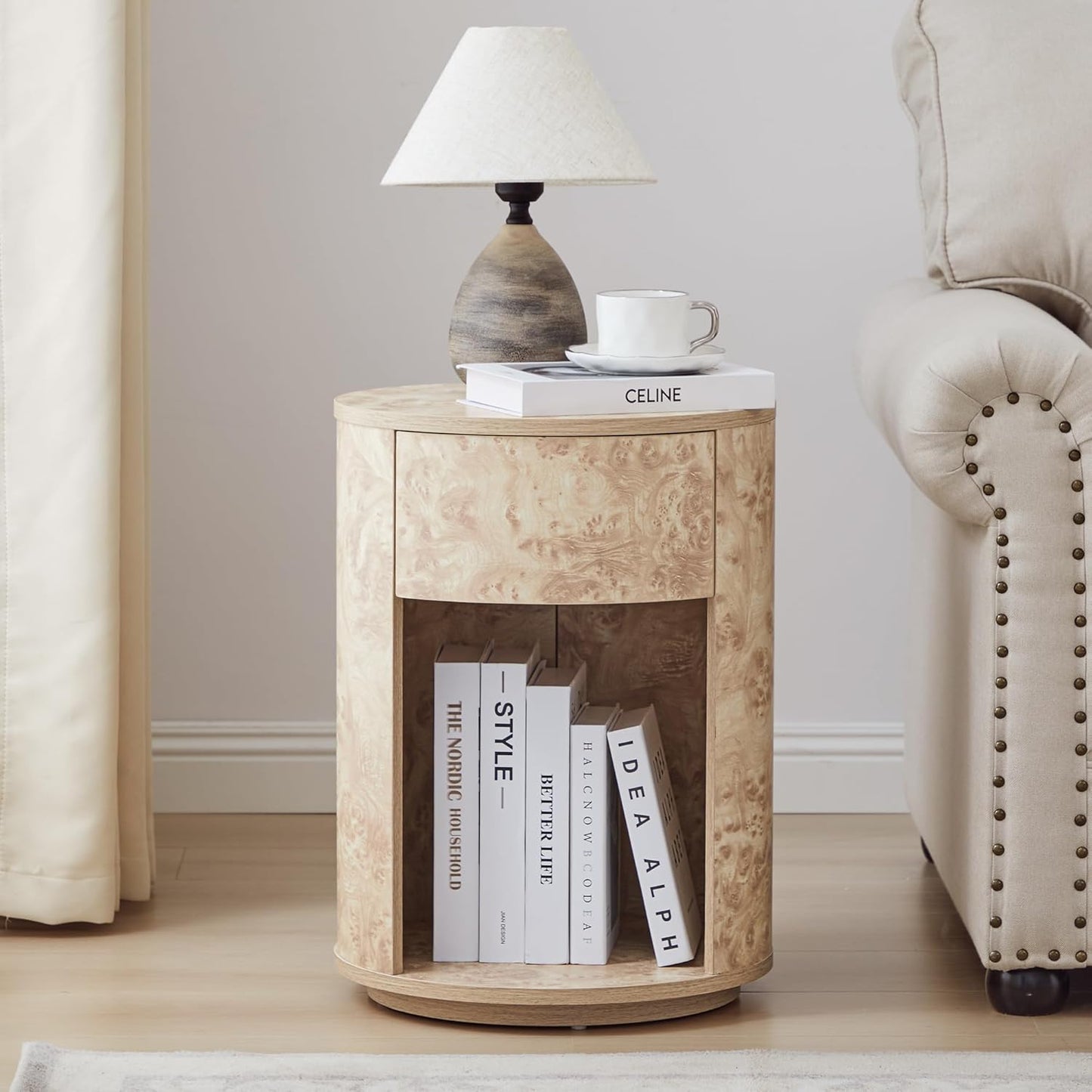 Side Table with Drawer, Round Bedside Table with Open Shelf, Farmhouse Burl Wood Nightstand Accent Table for Living Room, Bedroom (Natural, 1-Pack)