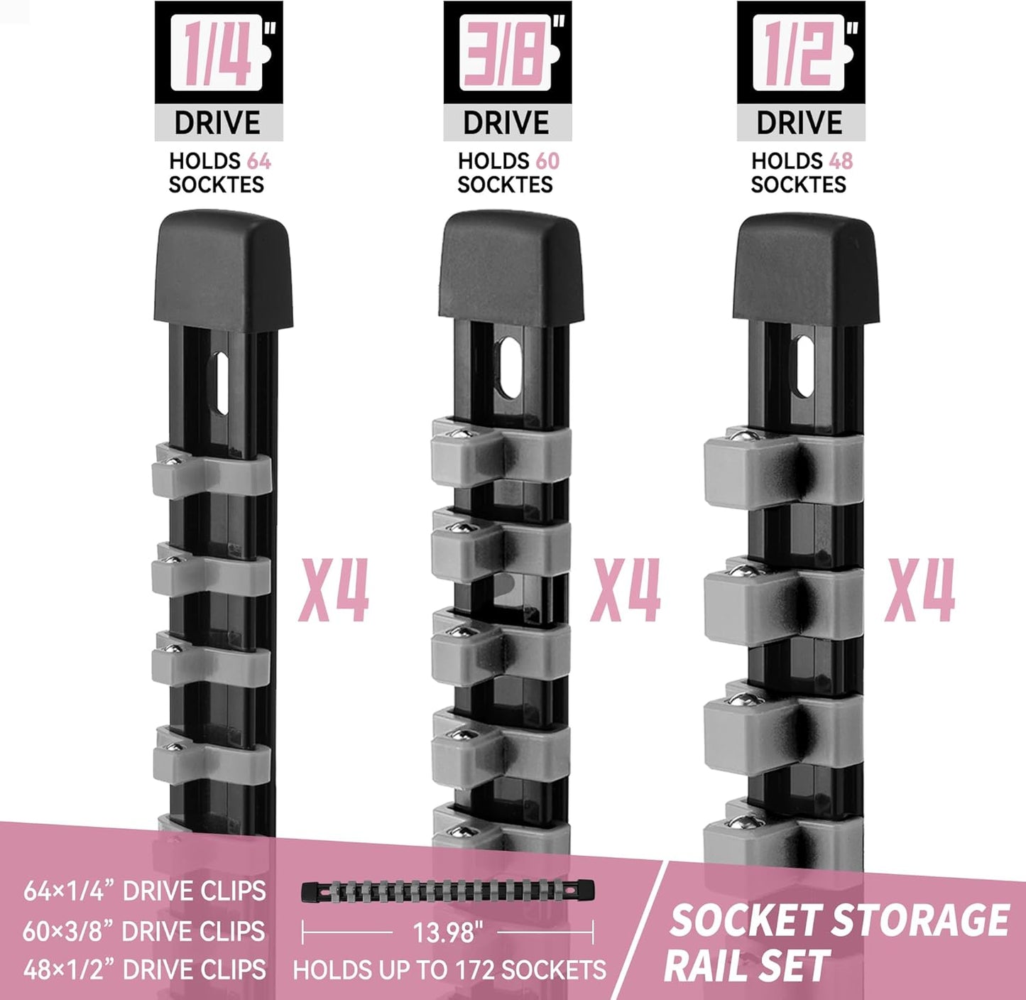 Socket Organizer Drive ABS Tools - Grey Socket Holder, Premium Quality 12 Pieces Socket Holders Kit 1/4-Inch x 64 Clips, 3/8-Inch x 60 Clips, 1/2-Inch x 48 Clips（12PC,Grey)