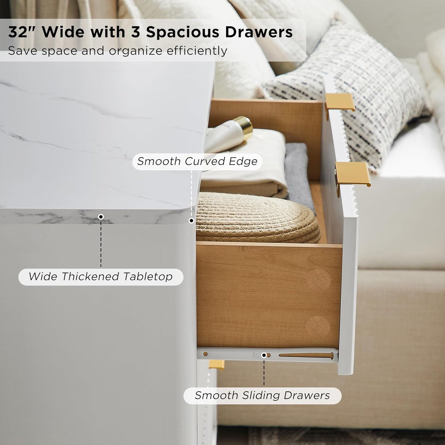 T4TREAM Fluted 3 Drawers Nightstand Set of 2, Oversized Extra Large Modern Side Table with Faux Marble Top, End Table Bedside for Bedroom, Living Room, Curved Profile Design, Solid White