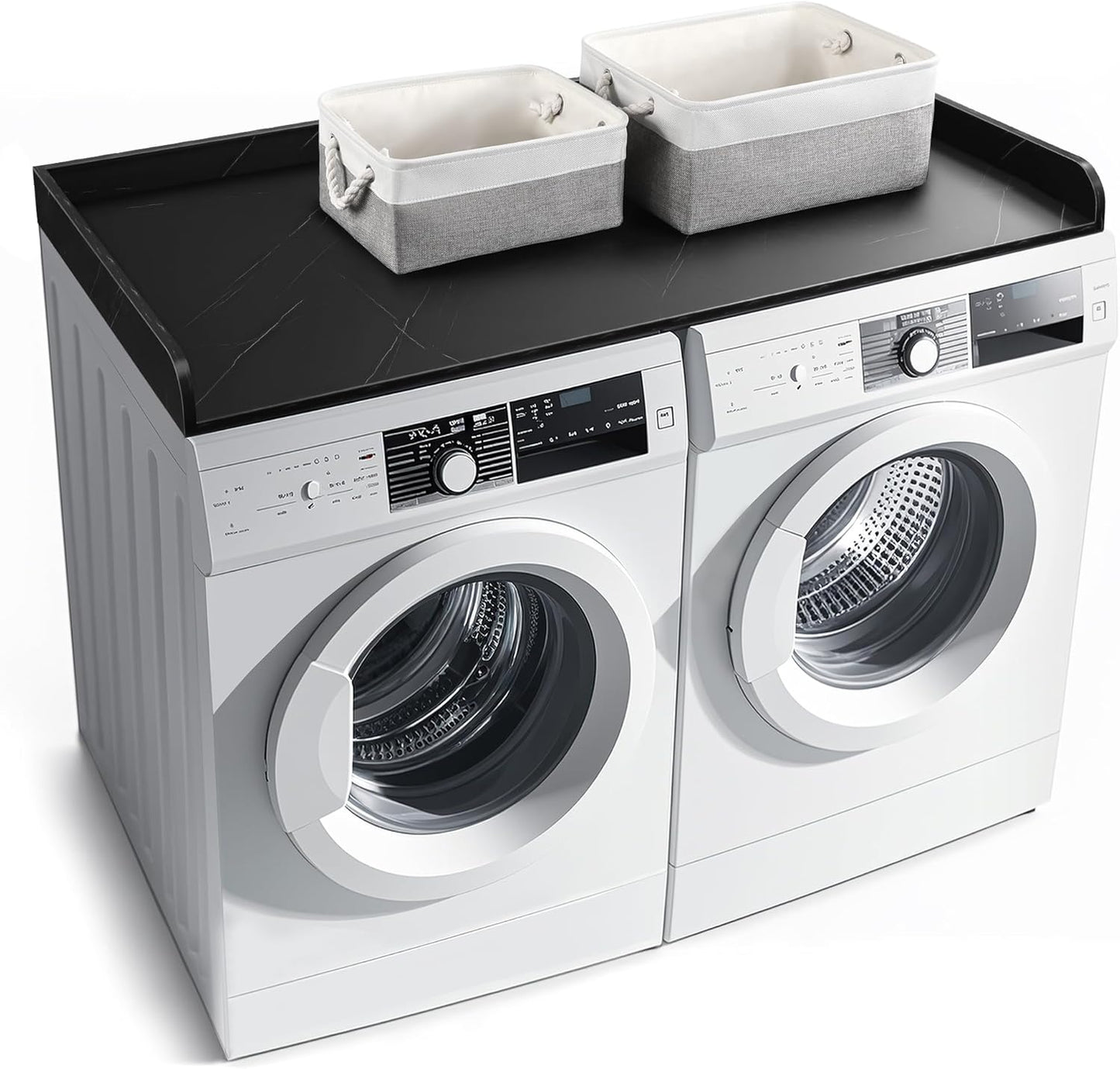 Washer Dryer Countertop with 2 Pack Storage Baskets, Wood Washer and Dryer Countertop with Non-Slip Pads/Edge Rails for Laundry Room Storage and Organization, 27.5" W x 54" L(Black Marble)