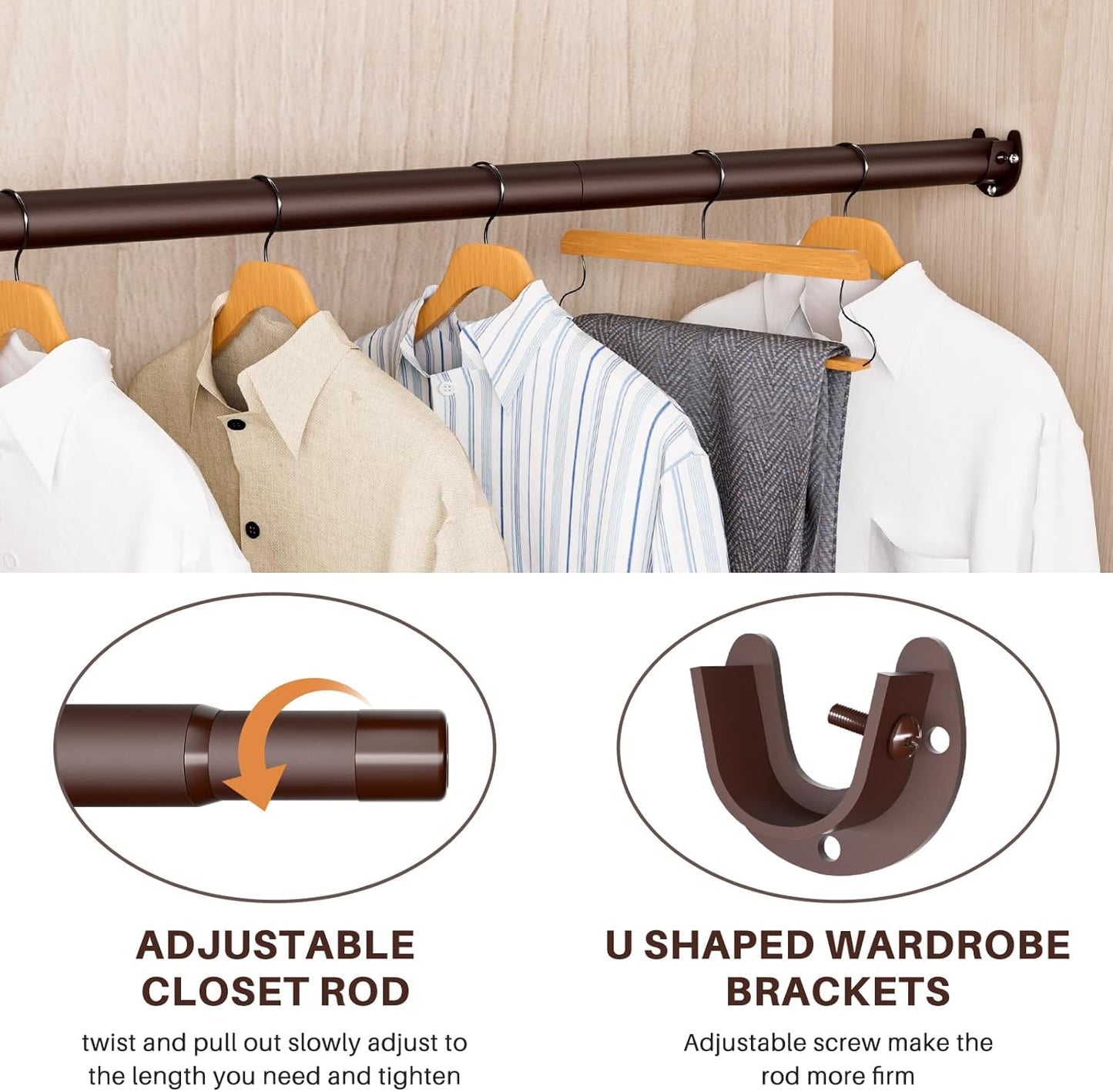 Closet Rod - Closet Rods for Hanging Clothes, 17 to 97 inch Adjustable Closet Hanging Rod, Heavy Duty Clothes Rod Clothing Bar, Closet Poles for Hanging Clothes for Wardrobes, Shower Curtain
