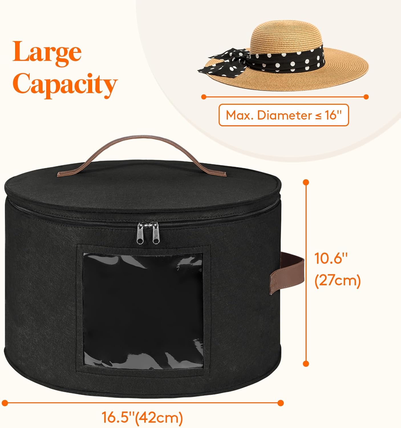 Lifewit Round Cowboy Hat Box for 7 Caps, Large Felt Hat Organizer Bag for Men & Women Storage, Baseball Cap Container with Dustproof Lid for Travel, Foldable 16.5" D x 10.6" H Carrier, Black
