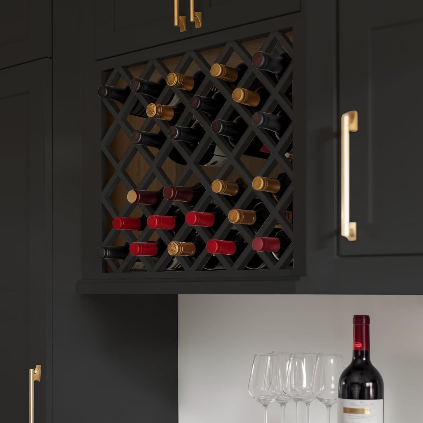 Solid Wood RTA Wine Bottle Rack Wall Cabinet with Lattice Panels - Bottle Holder Storage for Bar, Pantry, or Wine Cellar - Mocha finish Countertop Solution (Charcoal Black, 24'W 12'D 30'H)