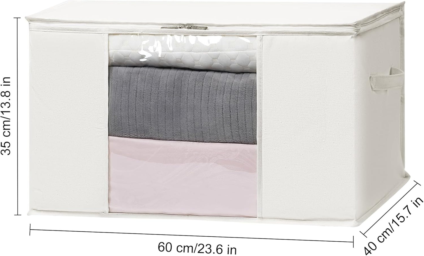 TYEERS Large Storage Bags with Zipper and Clear Window, Cotton Blended Fabric Storage Containers for Seasonal Clothes and Bedding, 23.6x15.7x13.8 Inches, 4-Pack, Beige