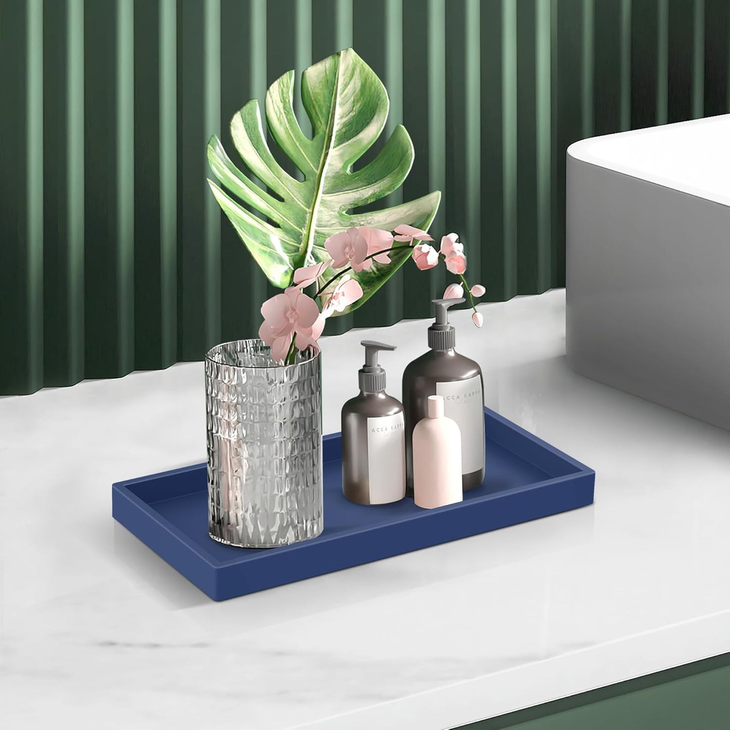 Bathroom Counter Tray,EG-SIPRO High-Grade Thickened Silicone Vanity Tray,Shatterproof Durable Rectangle Tray Soap Dispenser for Countertop,Sapphire Blue,Small+Large (EGTRAY)
