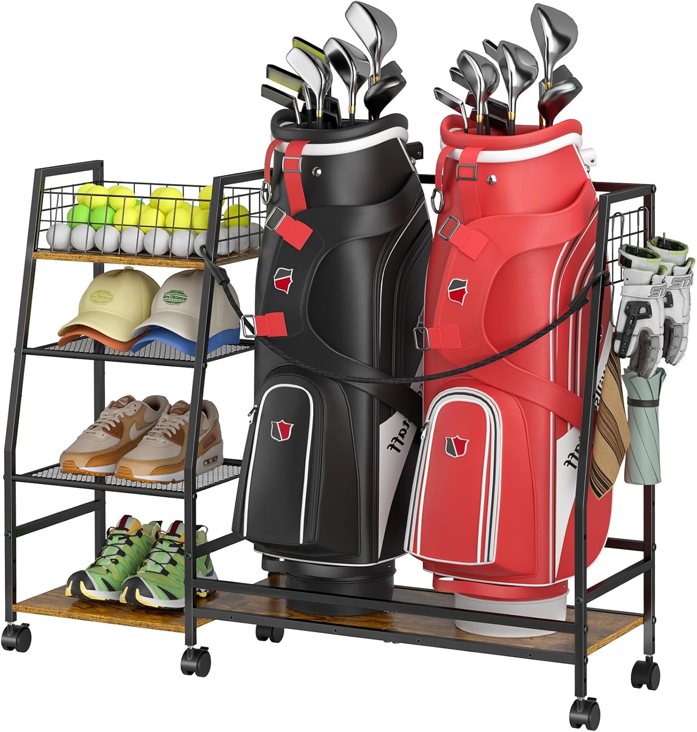 Golf Bag Storage Rack for Garage with Wheels, Organizer for Golf Bag and Equipment Accessories, Golf Organizer Stand Ideal for Home, Garage, Club, Shed, Basement - Sturdy and Durable (Black)