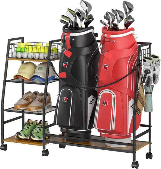 Golf Bag Storage Rack for Garage with Wheels, Organizer for Golf Bag and Equipment Accessories, Golf Organizer Stand Ideal for Home, Garage, Club, Shed, Basement - Sturdy and Durable (Black)