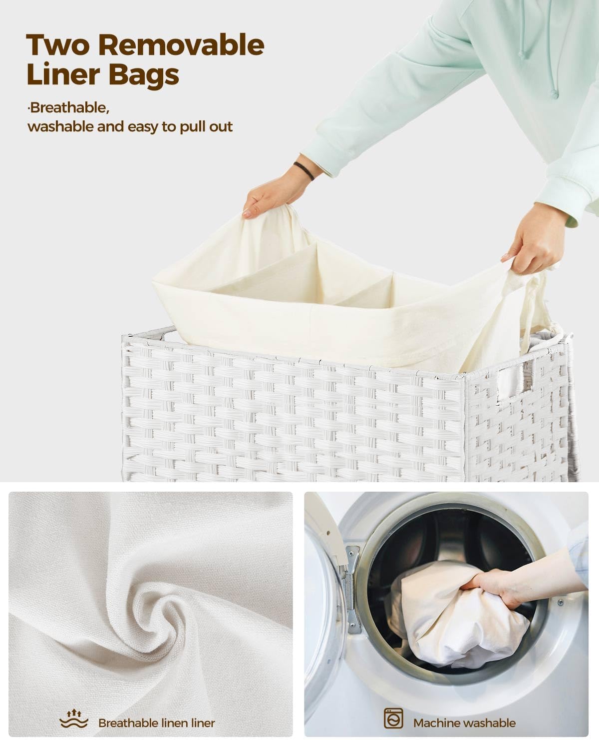 Greenstell Laundry Hamper with Wheels&Lid,130L Large 3 Sections Clothes Hamper with 2 Types Removable Liner Bags, 5 Mesh Laundry Bags, Handwoven Divided Laundry Basket White
