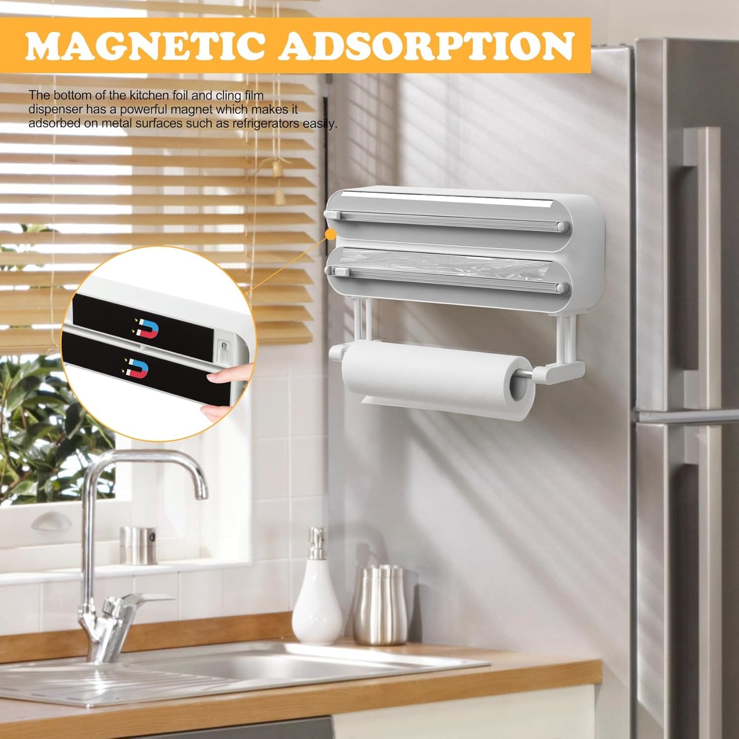 Magnetic Plastic Wrap Dispenser with Cutter - Refillable Aluminum Tin Foil and Plastic Wrap Organizer for Kitchen, Quasziwa Upgraded 3 in 1 Paper Towel Holder Wall Mount - Fits 12" Roll, White