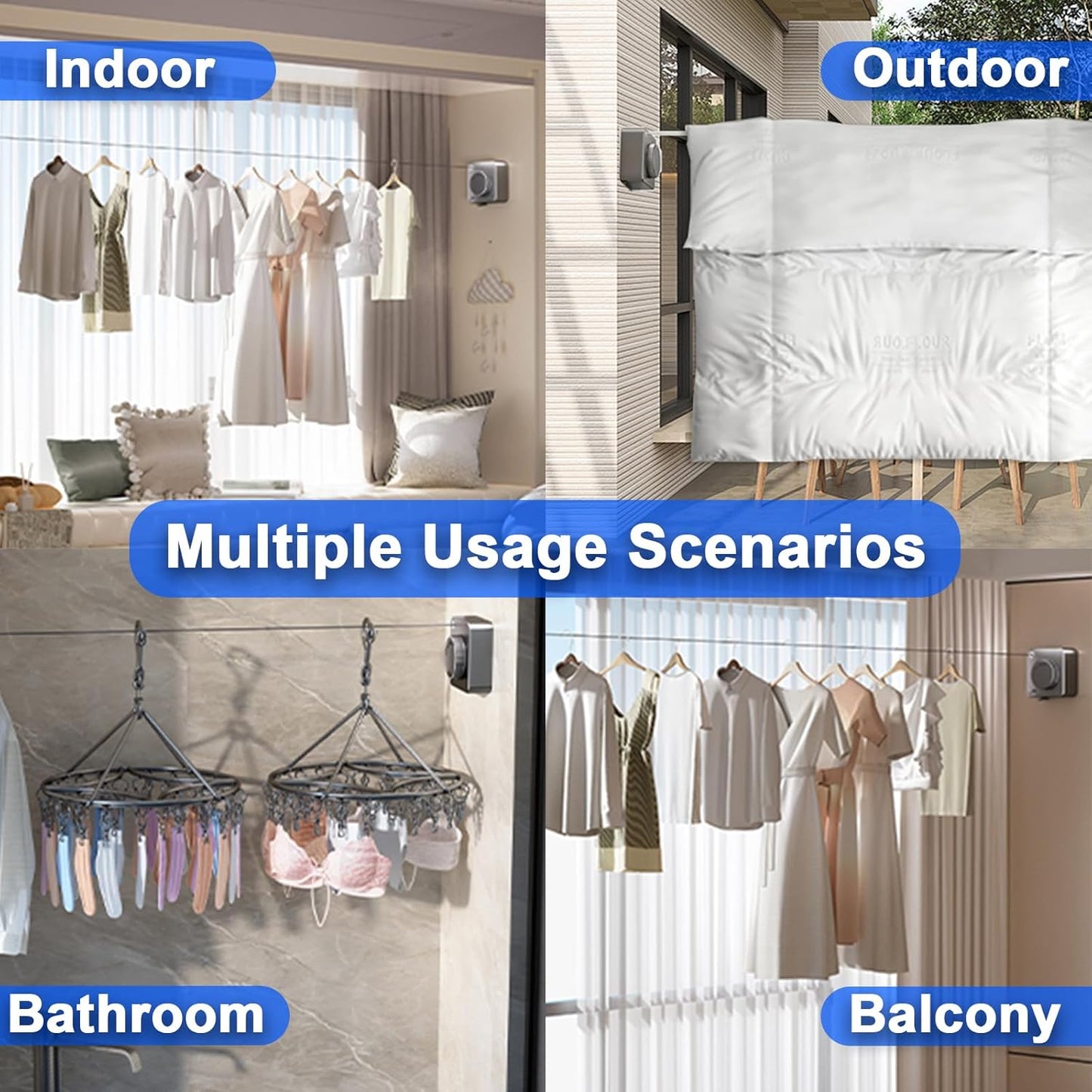 Retractable Clothesline Indoor, Non-Sagging Outdoor Clothes Drying Line Retracting Heavy Duty Clothes Drying Laundry Line Wall Mounted Stainless Steel Line - 15.6 Feet (Square Gray)
