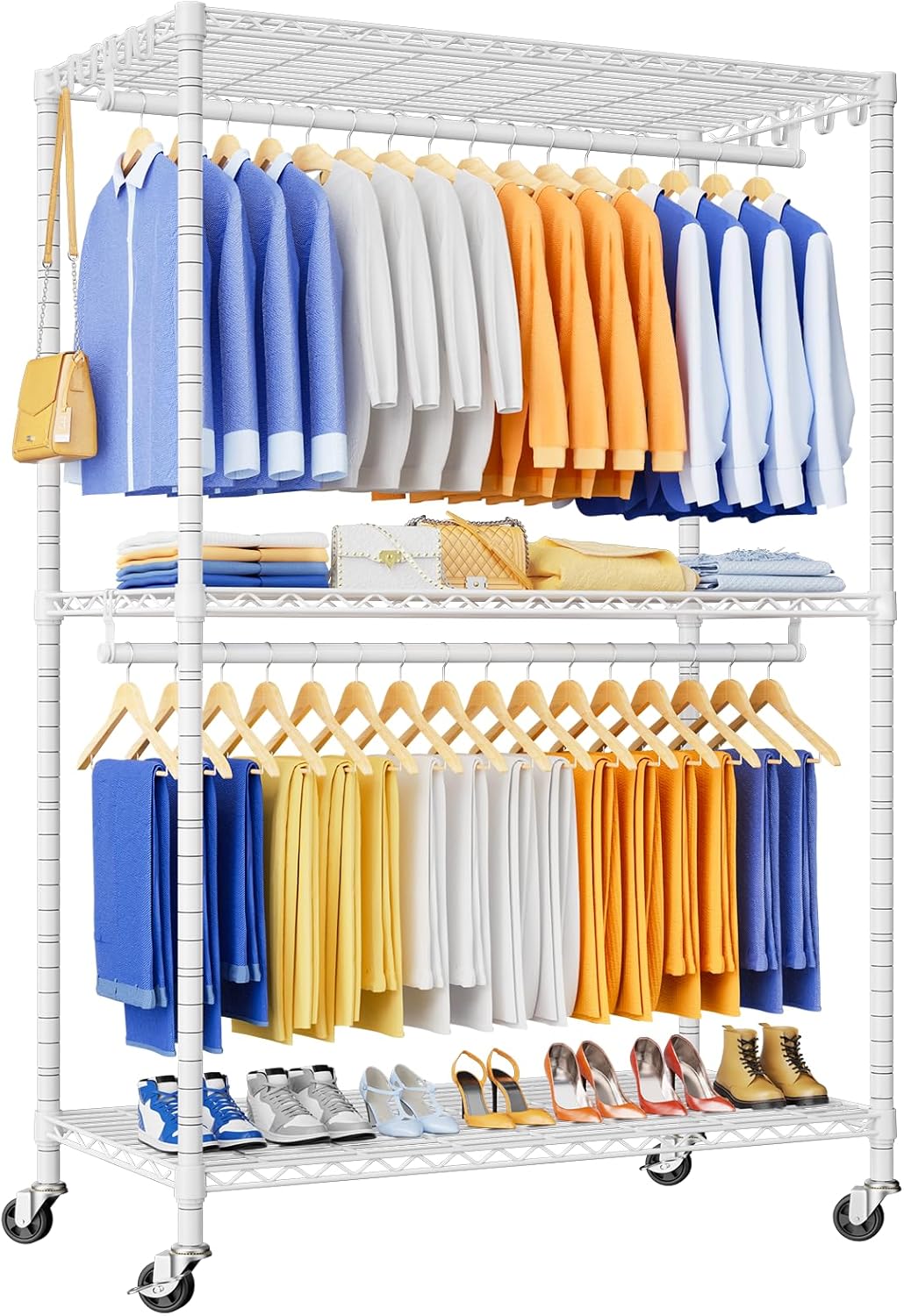 P8 Heavy Duty Clothes Rack（With Extended Width Design） Rolling Clothing Racks for Hanging Clothes，Portable Garment Rack with Lockable Wheels，51.2" W x 15.8" D x 80.5" H，Max Load 700LBS，White