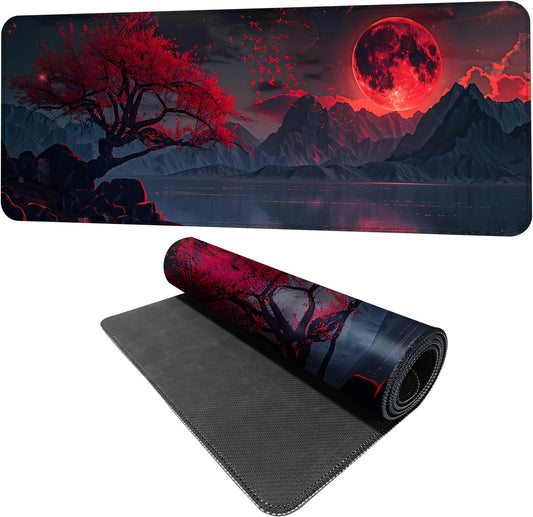 Red Moon Mouse Pad XXL – Large Gaming Desk Mat with Dark Mountain Landscape & Sakura Tree, Extended Mousepad with Non-Slip Base for Office, Gamer Setup,31.5 x 11.8 in