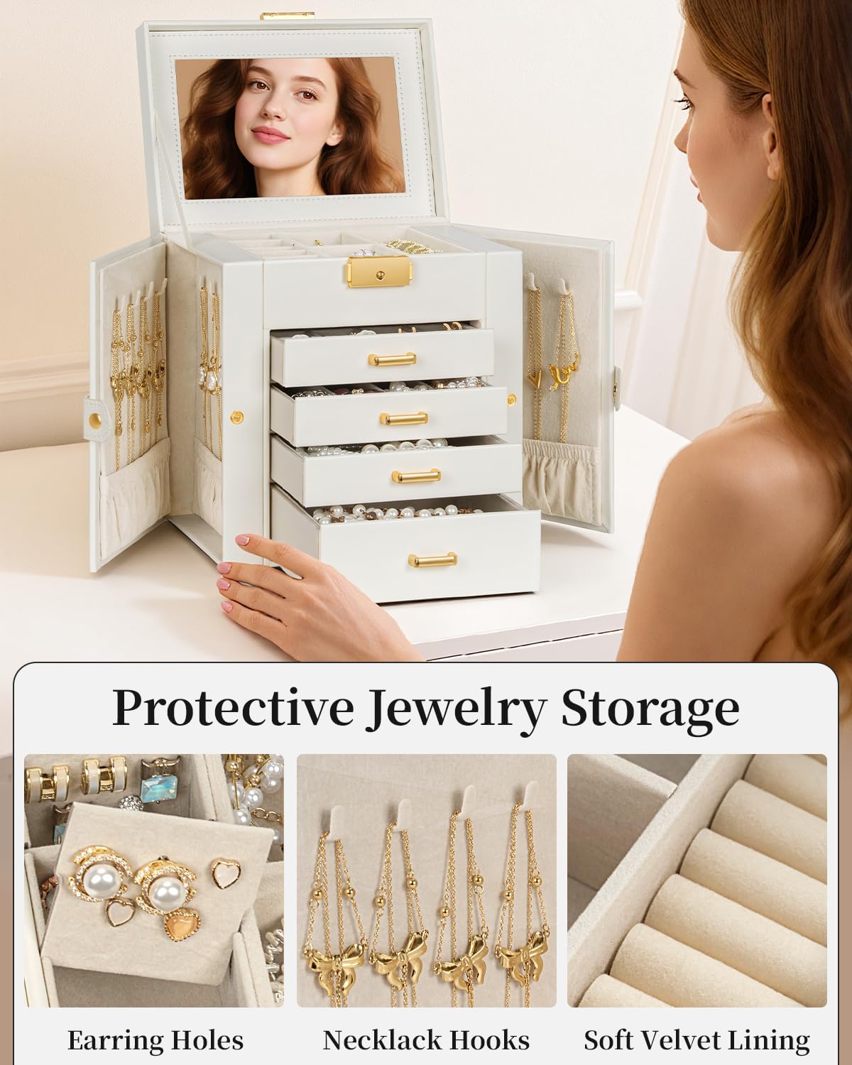 TORIBIO Jewelry Box for Women, Leather Jewelry Organizer with Mirror & Lock, 5-Tier Jewelry Storage Organizer with 4 Drawers for Girls/Women/Mothers, Necklace Earring Bracelets Holder Organizer