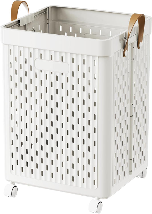 UAK Laundry Basket with Wheels, Collapsible Plastic Laundry Hamper with Handle, Foldable Laundry Basket Organizer for Laundry and Bathroom (Snow White, XXXL)