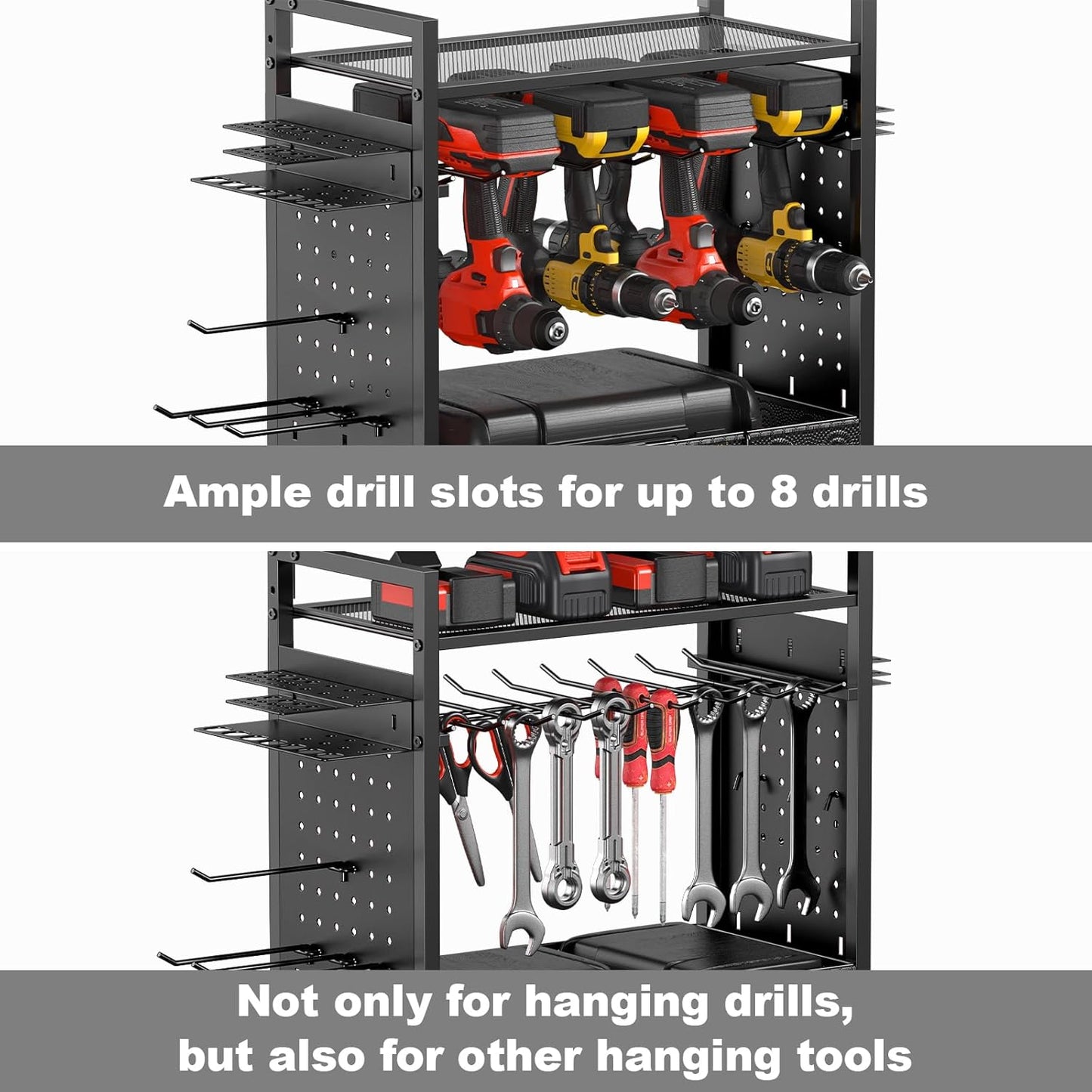 CCCEI Garage Power Tools Organizer Cart with Charging Station, Black Floor Standing Rolling Drill and Tools Battery Storage Cart on Wheels. Black Utility Rack Gift for Men, Husband, Father.
