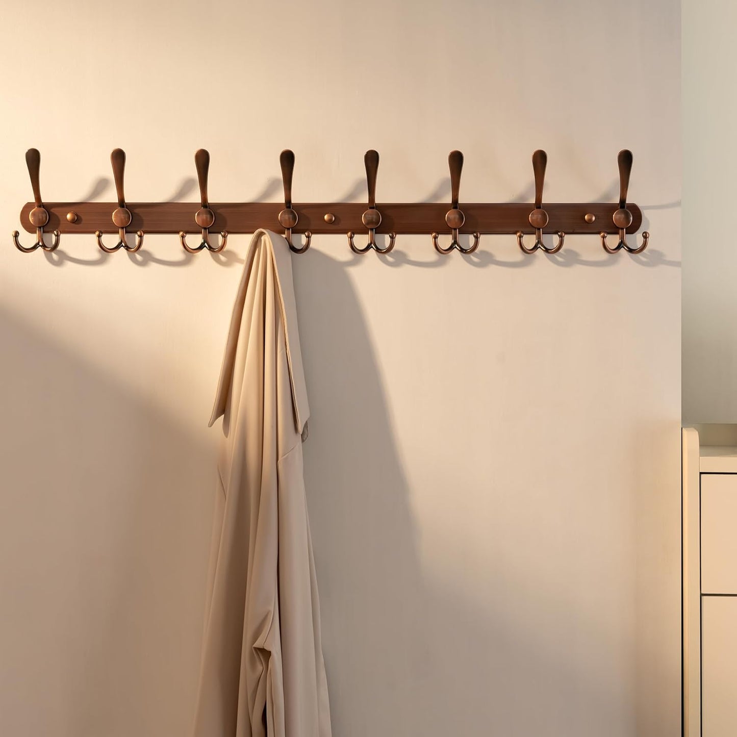 Dseap Coat Rack Wall Mount - 29.5” Long 8-Tri-Hooks Heavy Duty Coat Hanger Rail Wall Hooks for Hanging Coats Hats Clothing Clothes Purse Mudroom Entryway, Red Antique Copper
