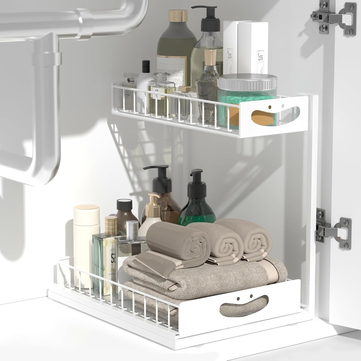 Under Sink Organizer with Pull-Out Drawers,Kitchen Sink Organizer,2 Tier Bathroom Organizers And Storage,Bathroom Accessories Set,White 2 Pack