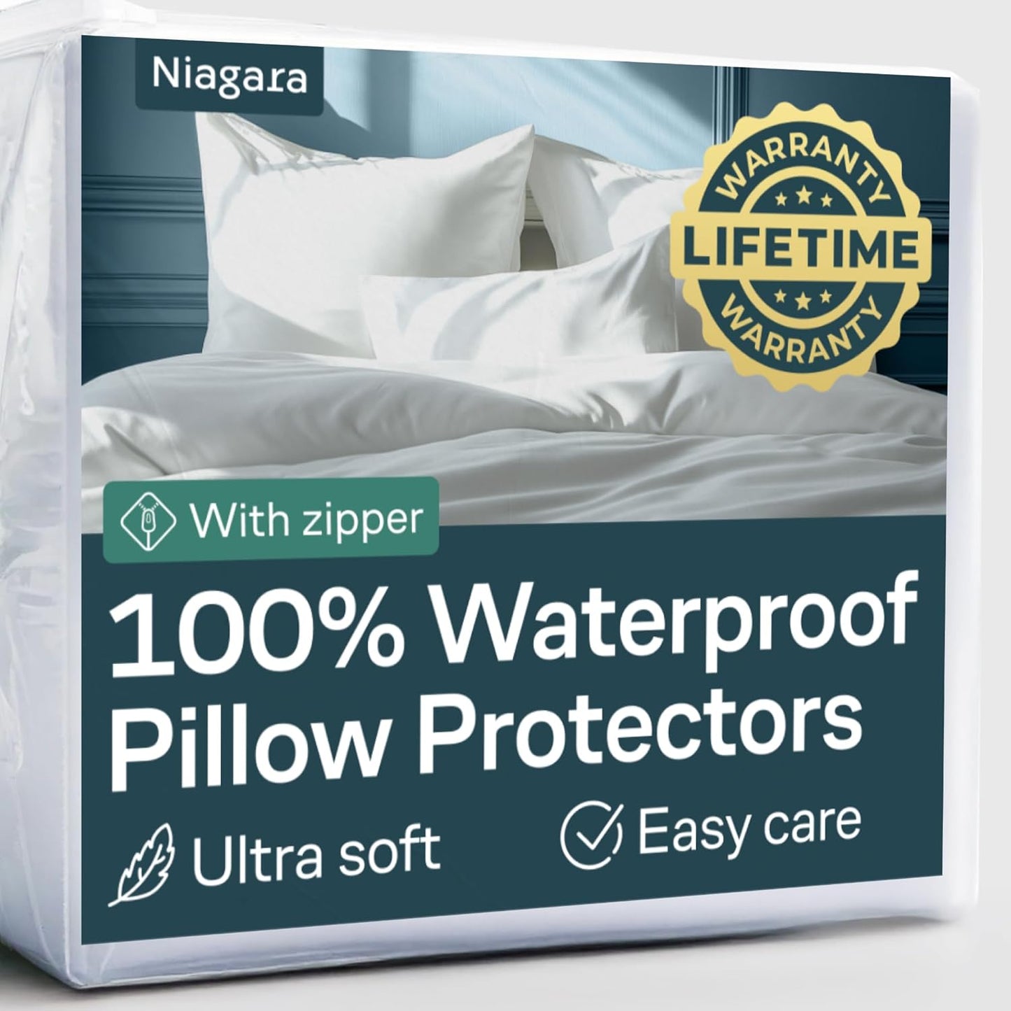 Niagara 2 Pack Waterproof Pillow Protectors Queen 20x30 Inches Smooth Zipper Premium Encasement Covers Quiet Cases Set White