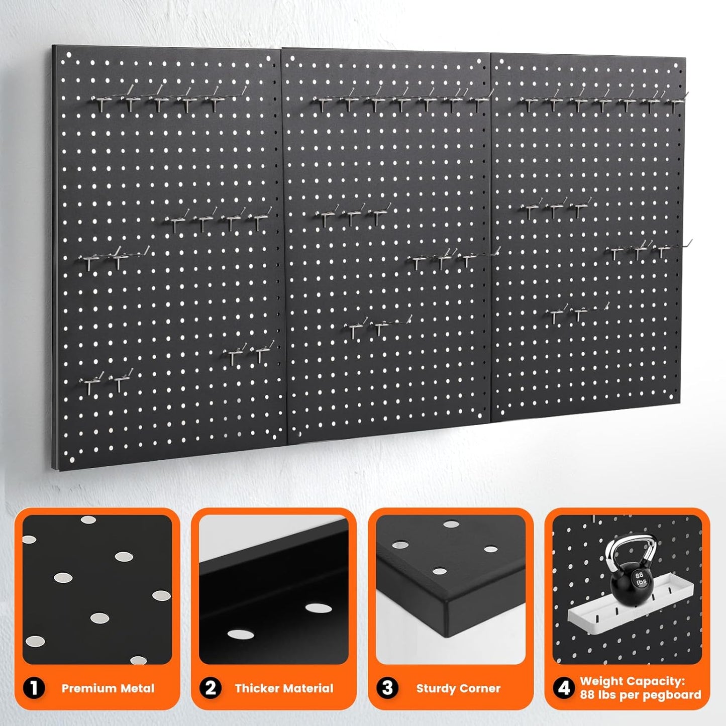 Pegboard, 3 PCS 24"×16" Metal Peg Board Panels Black Modular Wall Organizer Kit with 30 Hooks, Dual-Size Hole Design for Home Tool Storage, Garage Organization, Kitchen, Office, Craft Room