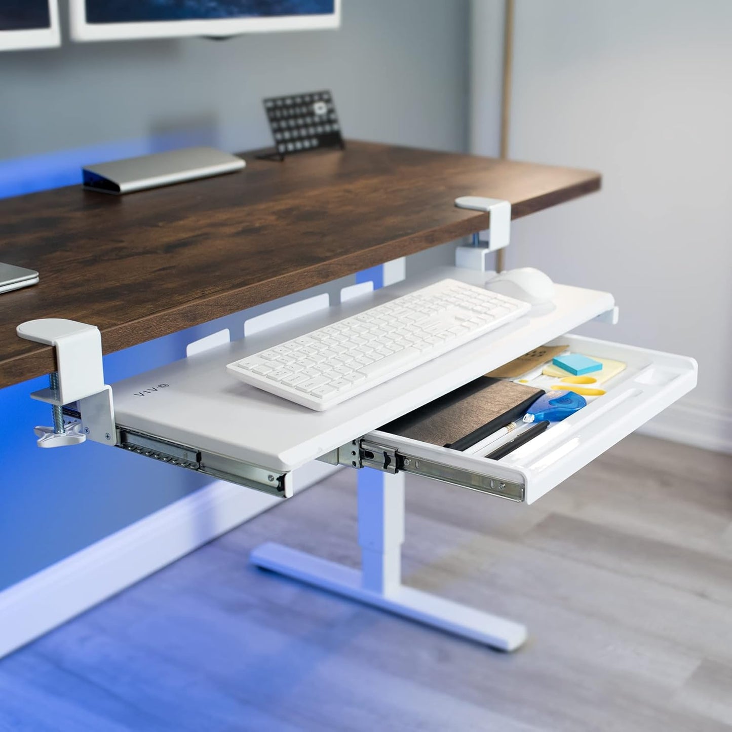 VIVO Large Keyboard Tray Under Desk Pull Out Platform with Pencil Drawer, Extra Sturdy C Clamp Mount, 27 (33 Including Clamps) x 11 inch Slide-Out Tray with Storage Drawer, White, MOUNT-KB05-4DW