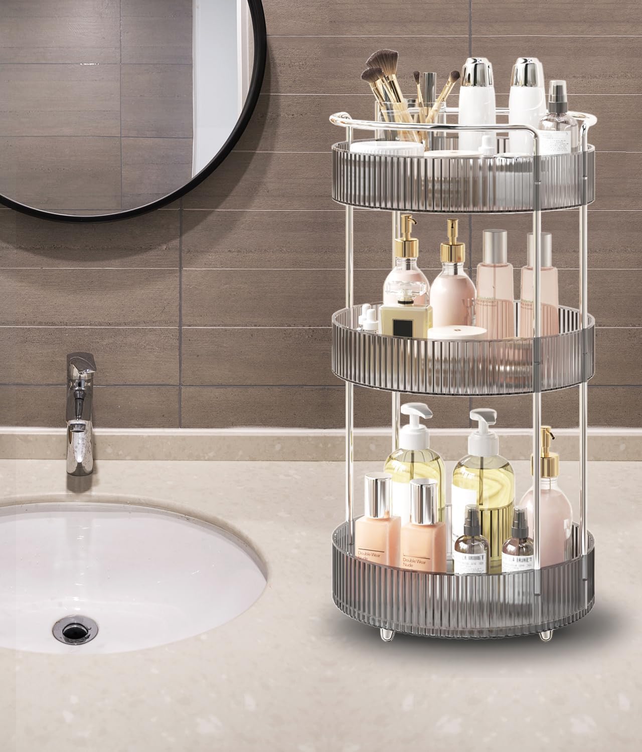 360° Rotating Makeup Organizer for Vanity, Skincare Perfume Organizers and Storage for Bathroom Countertop, Makeup Brush Holder Lazy Susan for Counter (Grey, 3 Tier)
